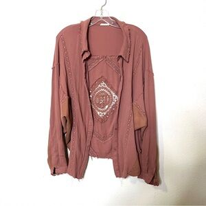 Miss Me Dusty Rose cut out appliqué lace long sleeve top shirt sz L western boho